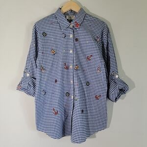VTG Teddi Women Nautical Shirt Sz L Blue/White Plaid Button-Up Boating Resortwea